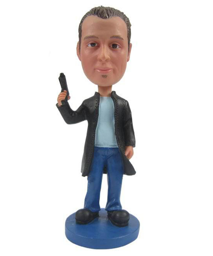 Arm Out Blue Bottom Male Gun bobblehead Doll B246-1