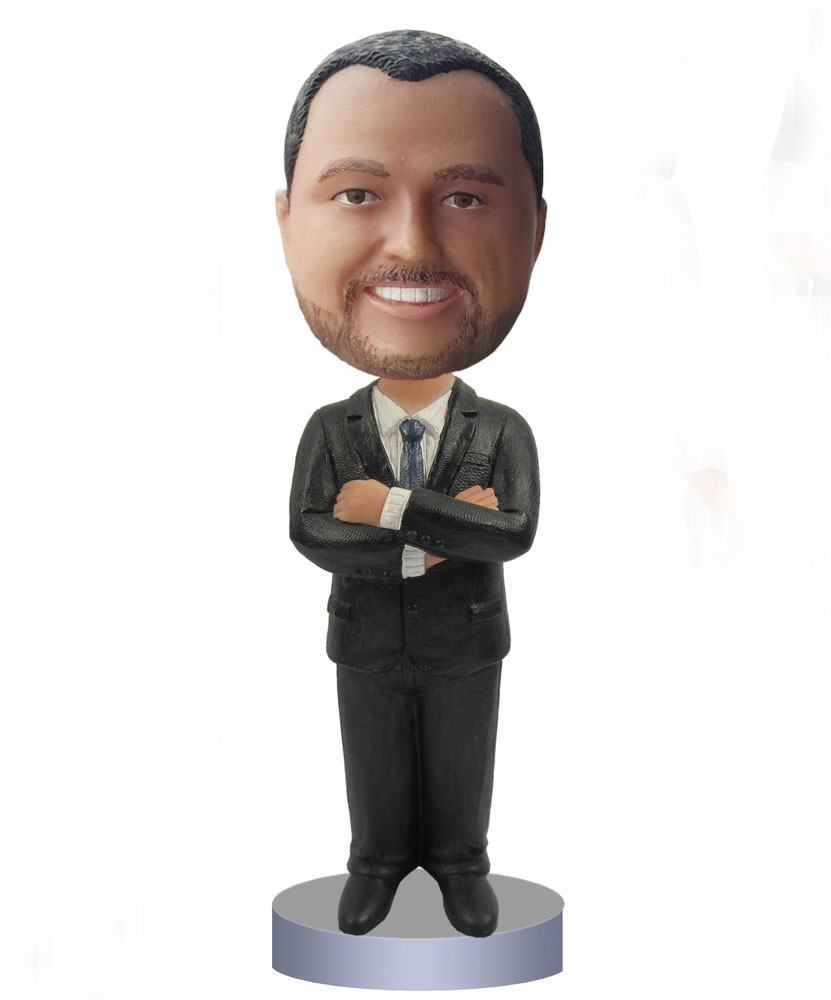 Groomsmen bobbleheads arms crossed black suit B233