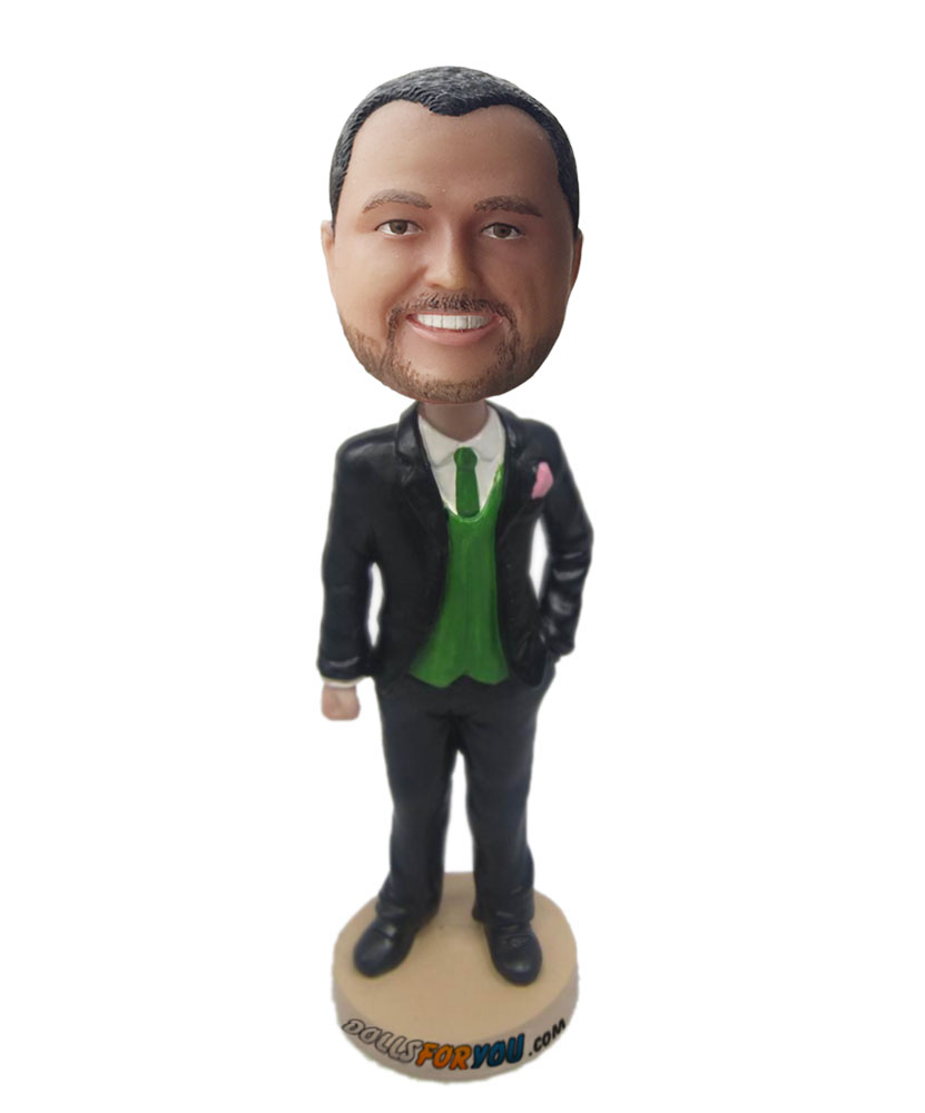 Male in suit with a green tie groomsmen bobbleheads