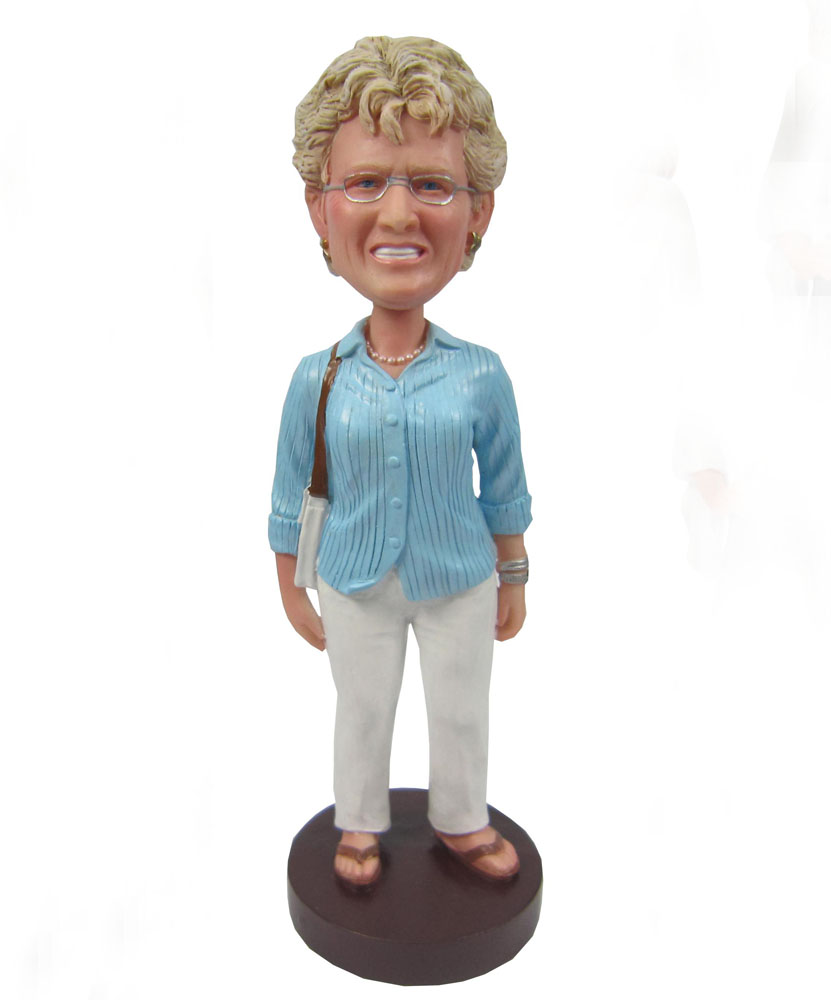 custom bobbleheads with light blue blouse and white pants G055