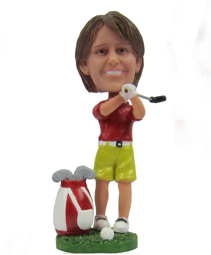 golf bobbleheads dressed in red shirt and green jams G056