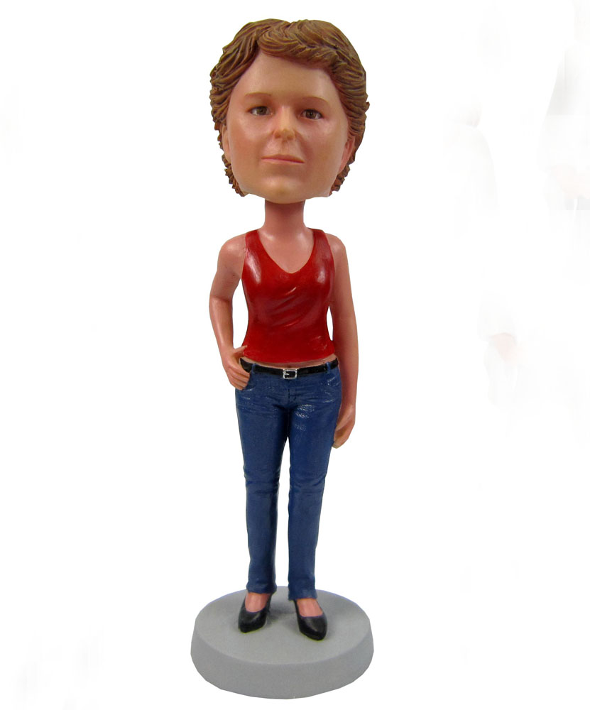 personalized bobbleheads doll dressed in red vest and jeans G061