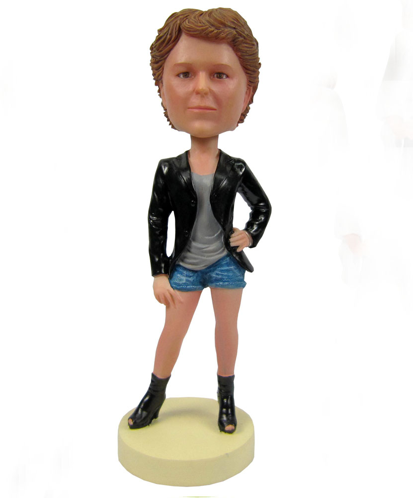 custom bobbleheads doll with black coat and short jeans G062