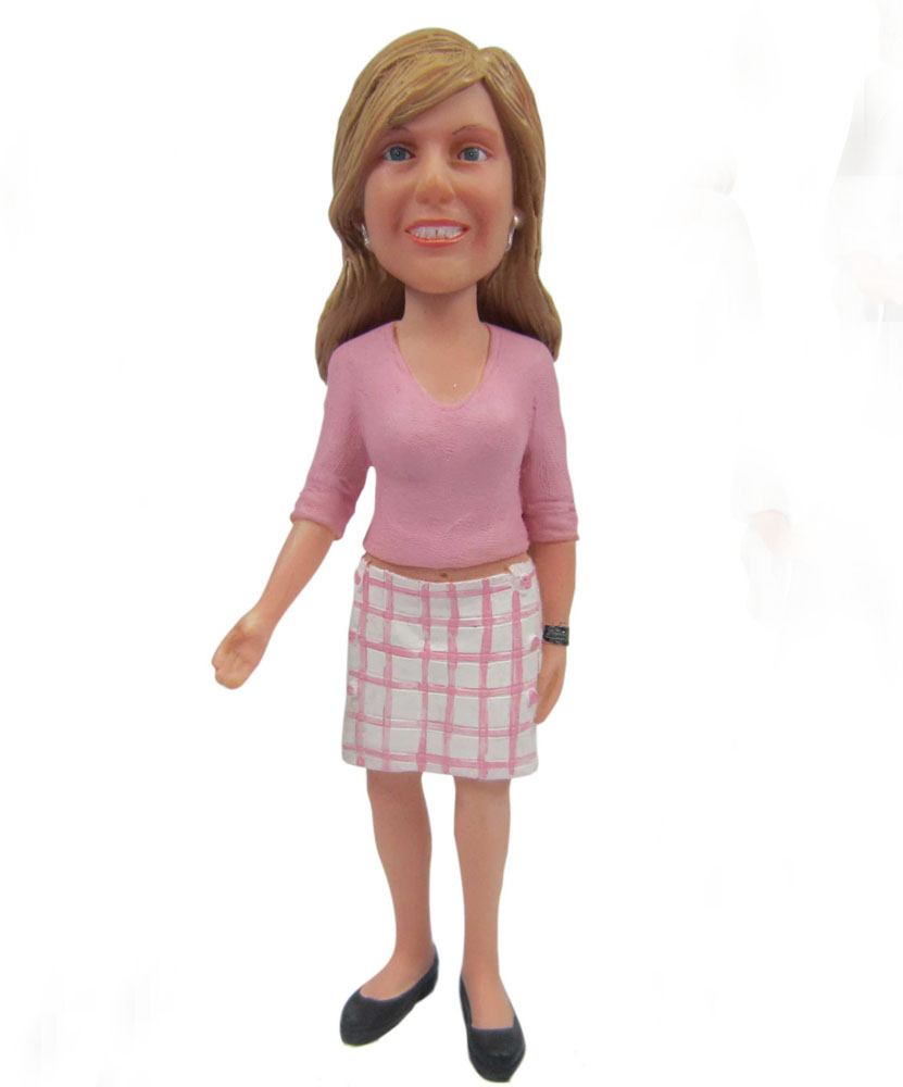 Custom bobblehead with pink jacket and plaid skirt G077
