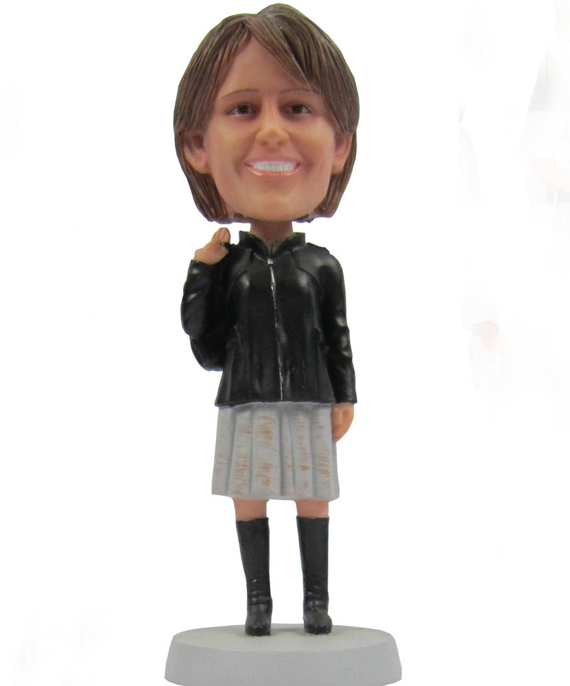 Custom bobblehead dolls with black leather jacket and gray skirt G094