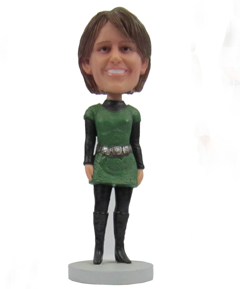 Collectible bobbleheads with dark green skirt and black jeans G102