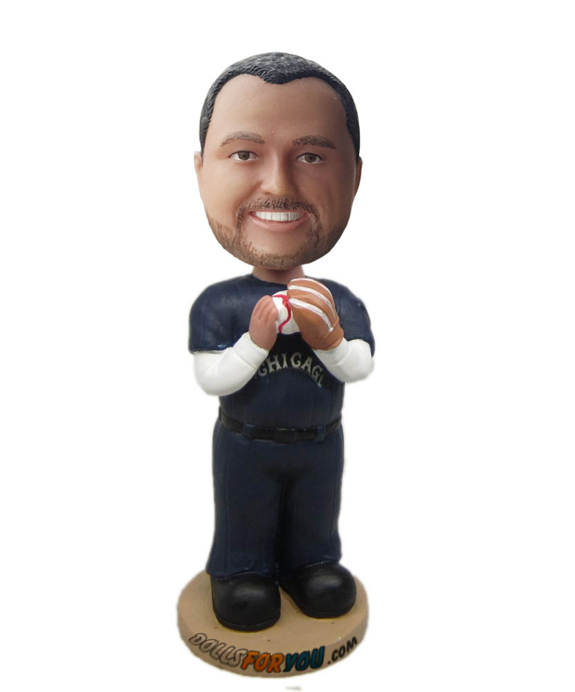 Custom bobbleheads holding a ball on hands