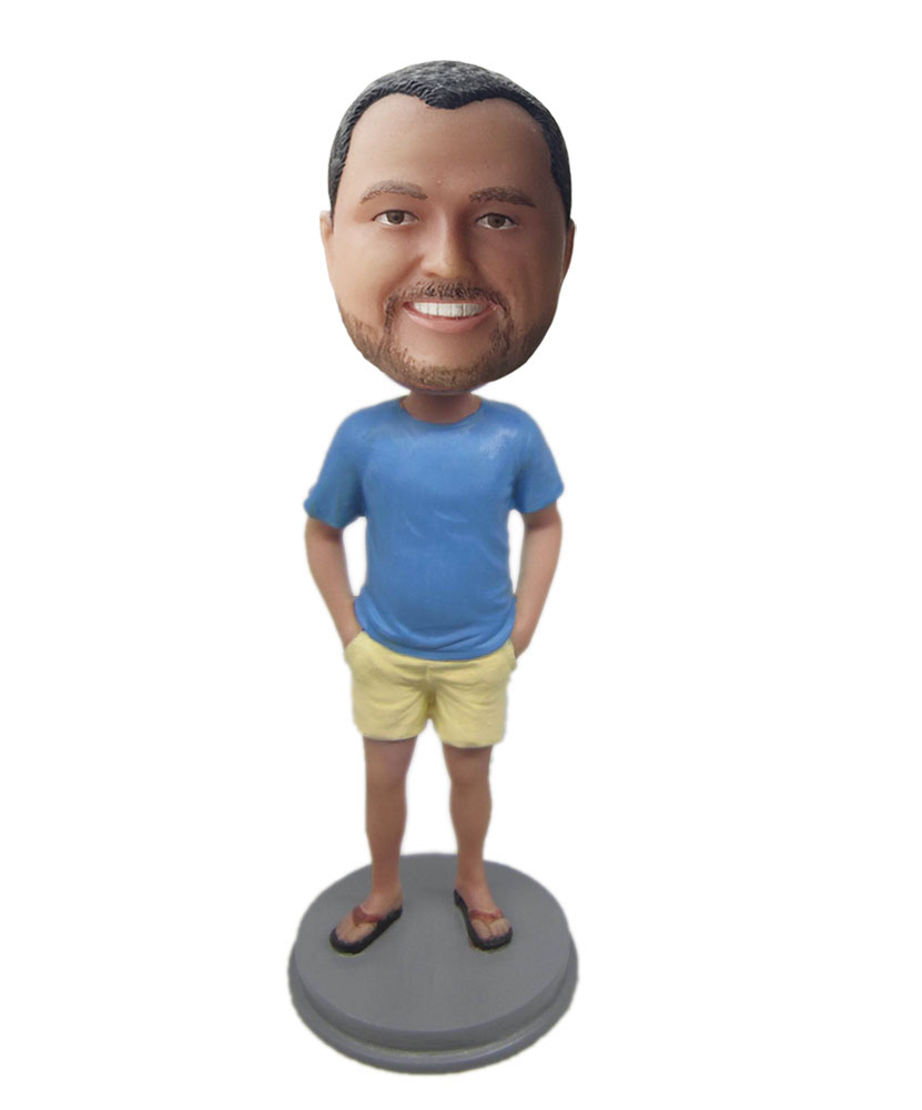 Personal bobbleheads online with blue coat and yellow shorts