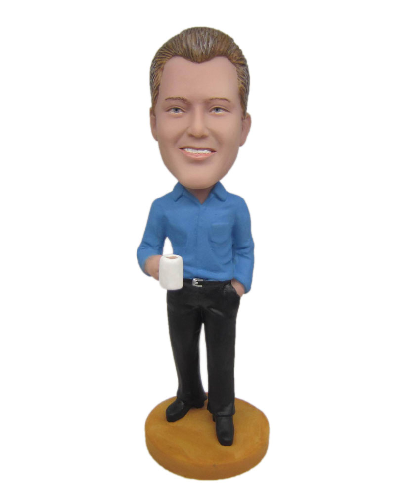 Cheap bobbleheads dressed in blue shirt and black trousers