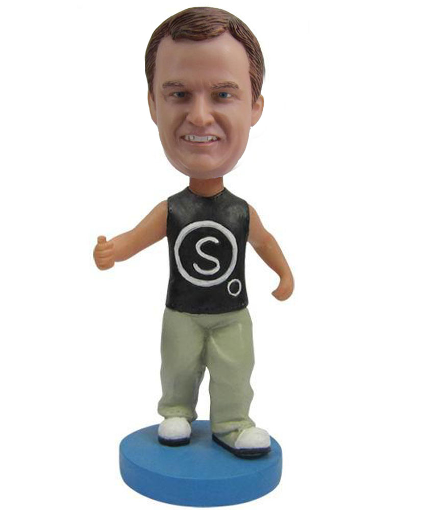 Custom made bobbleheads dressed in black vest