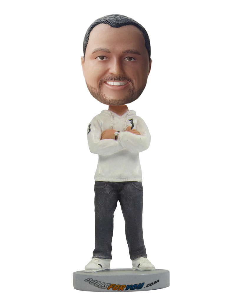 Personal bobble head dressed in white fleece and jeans