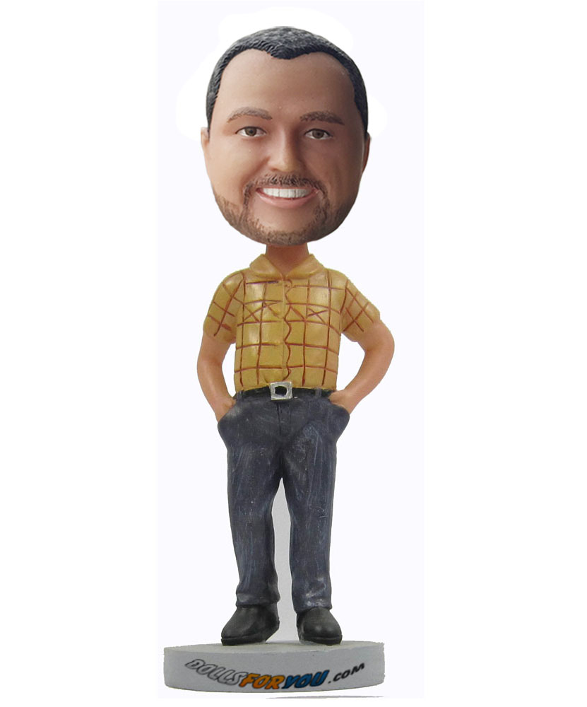 Custom made bobble head dressed in yellow plaid shirt