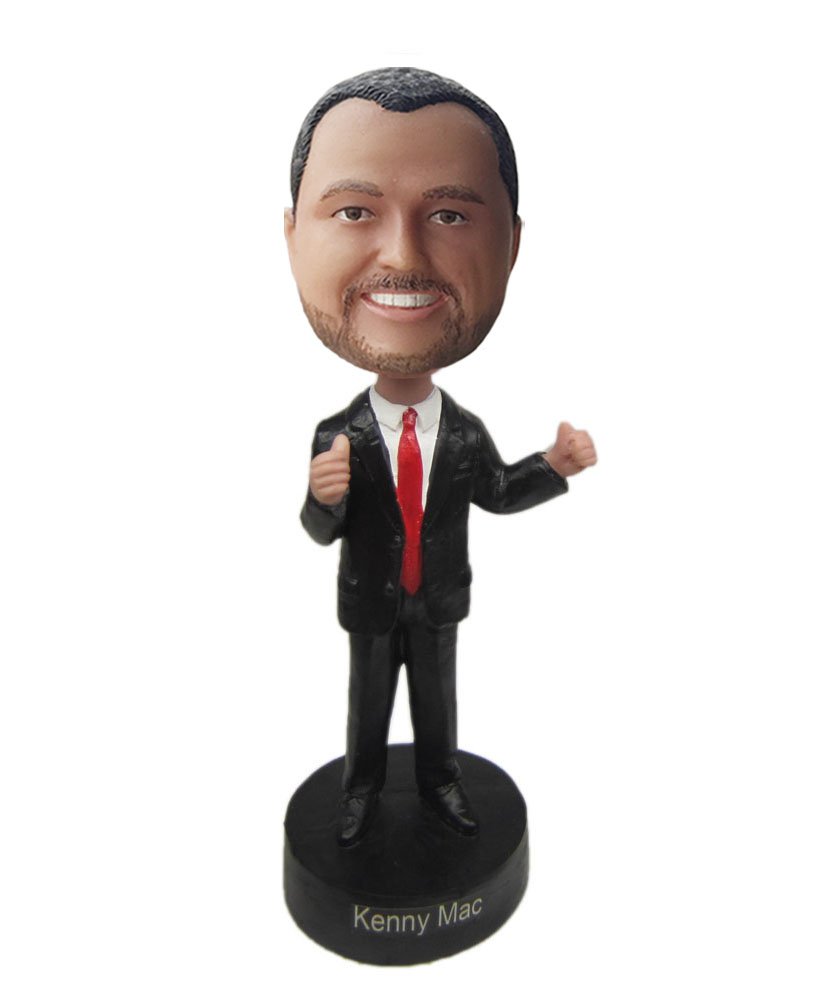 Custom talking bobbleheads with black suit and red tie