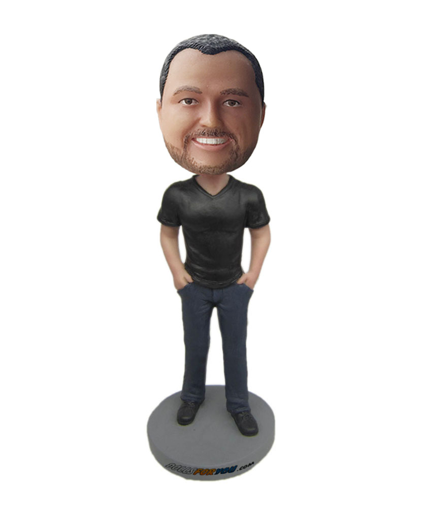 Cool bobbleheads with two hands in pockets