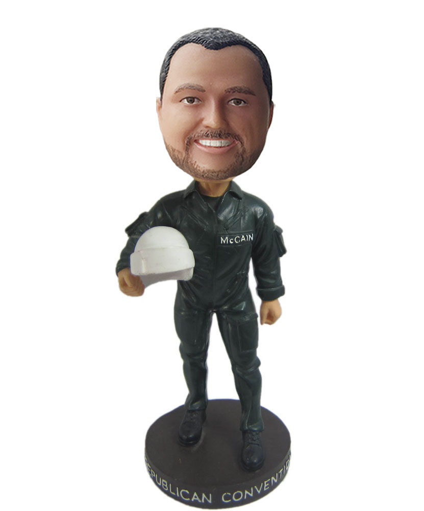 Photo bobble heads with black clothes and white helmet