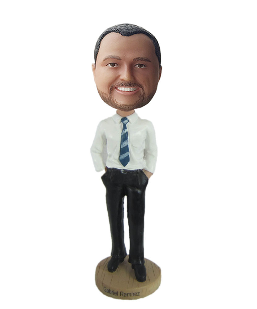 Custom bobble head dressed in white shirt and black trousers