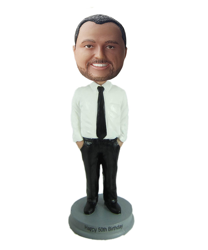 Male office bobbleheads with white blouse