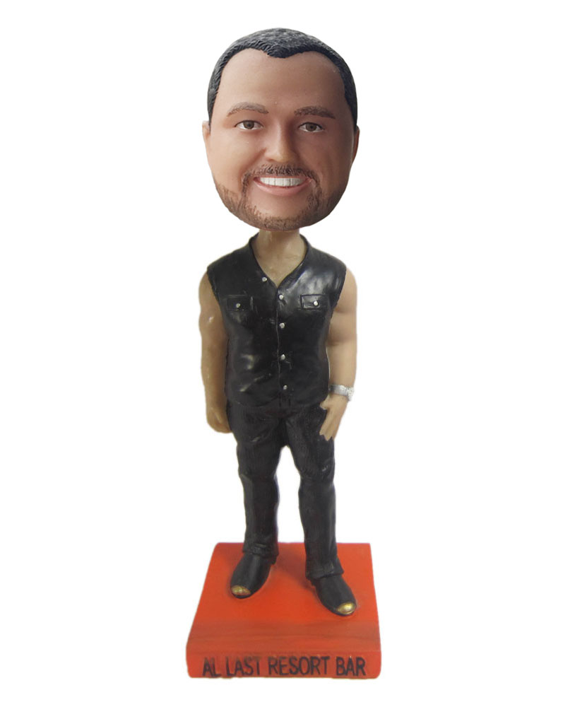 Cool bobbleheads with black sleeveless jacket and trousers