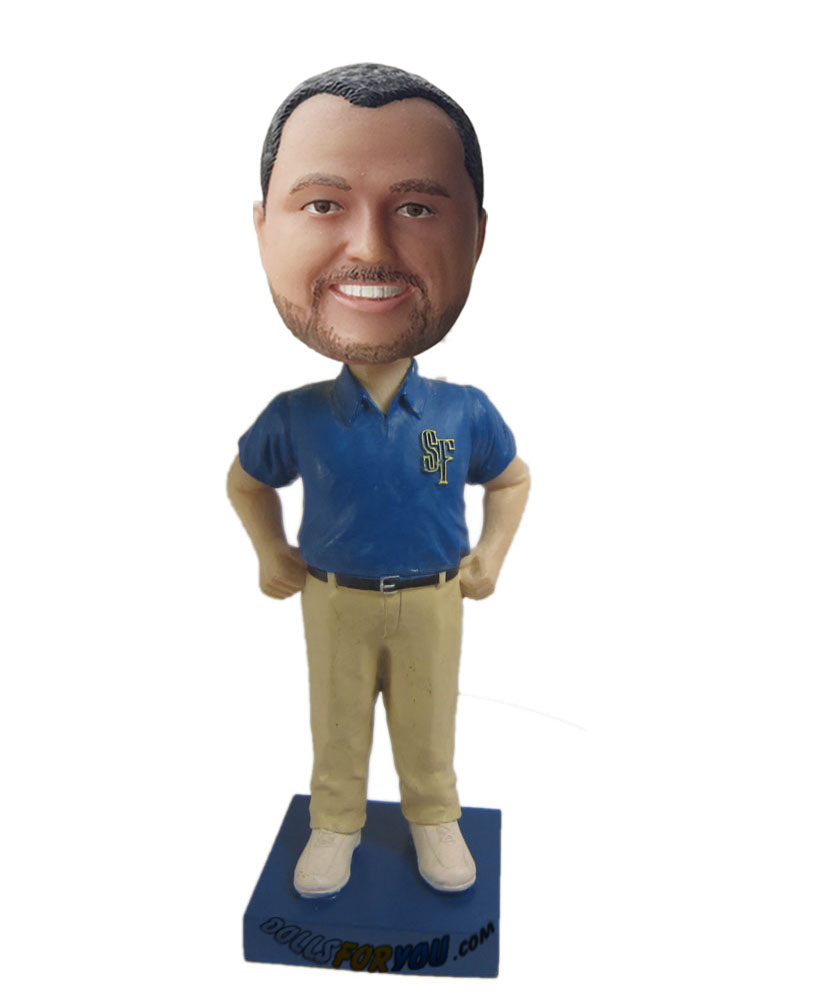 Personal bobblehead with blue shirt and light yellow pants