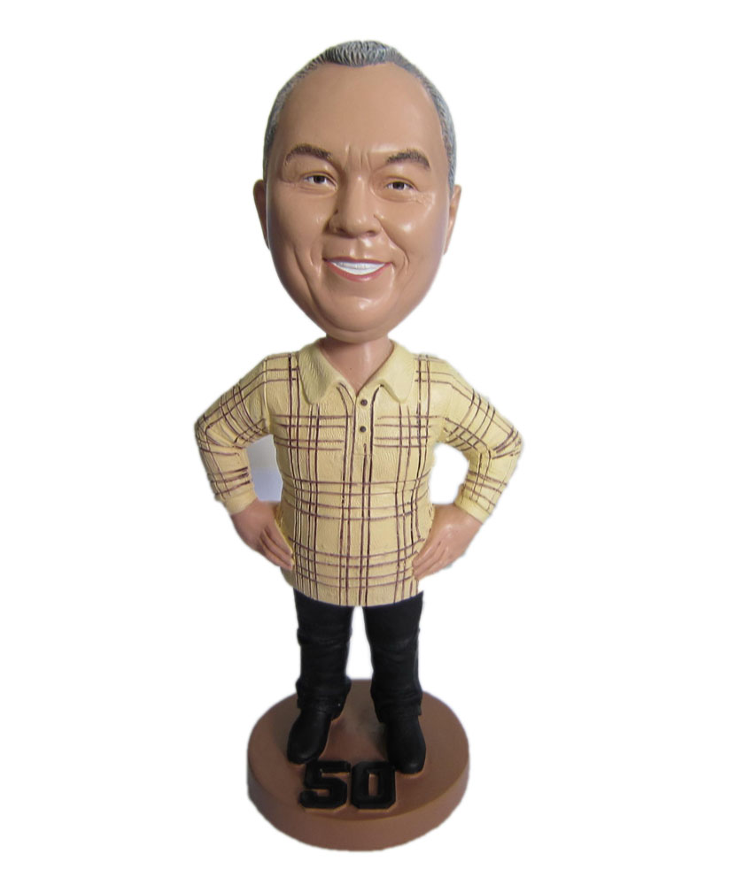 Personalized bobble head dressed in a t-shirt and black pants