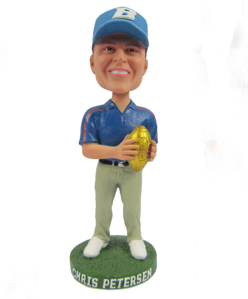 Custom bobbleheads holding gold football S411