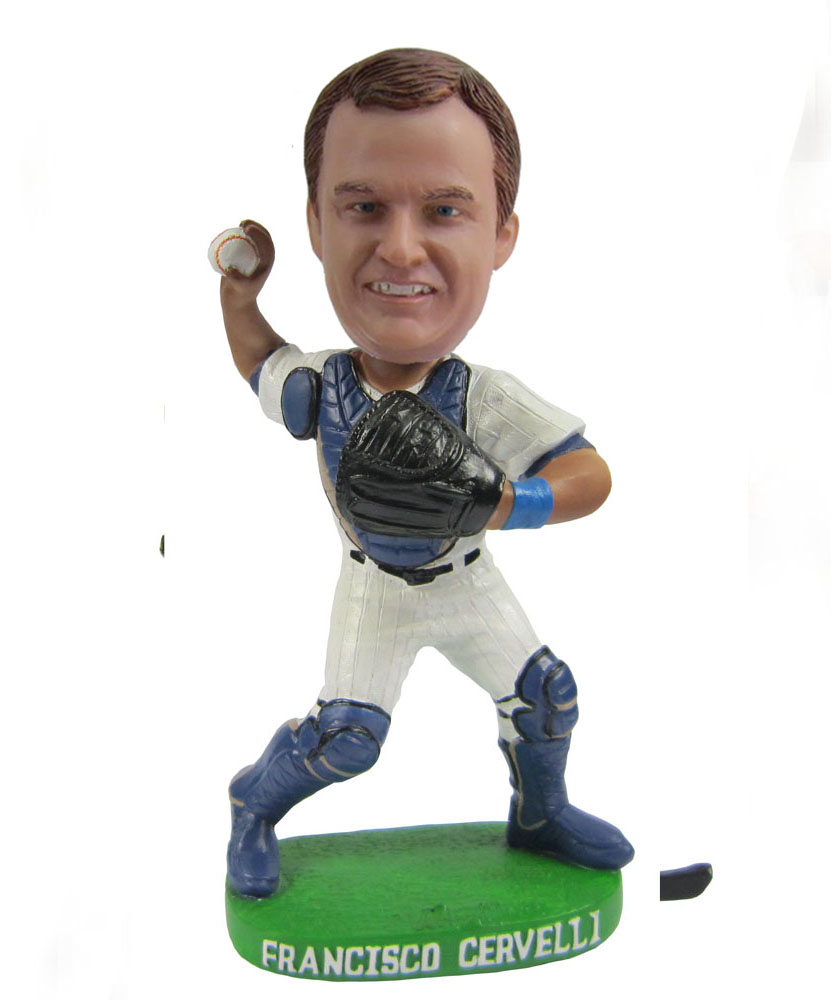 Custom baseball bobbleheads in white and blue