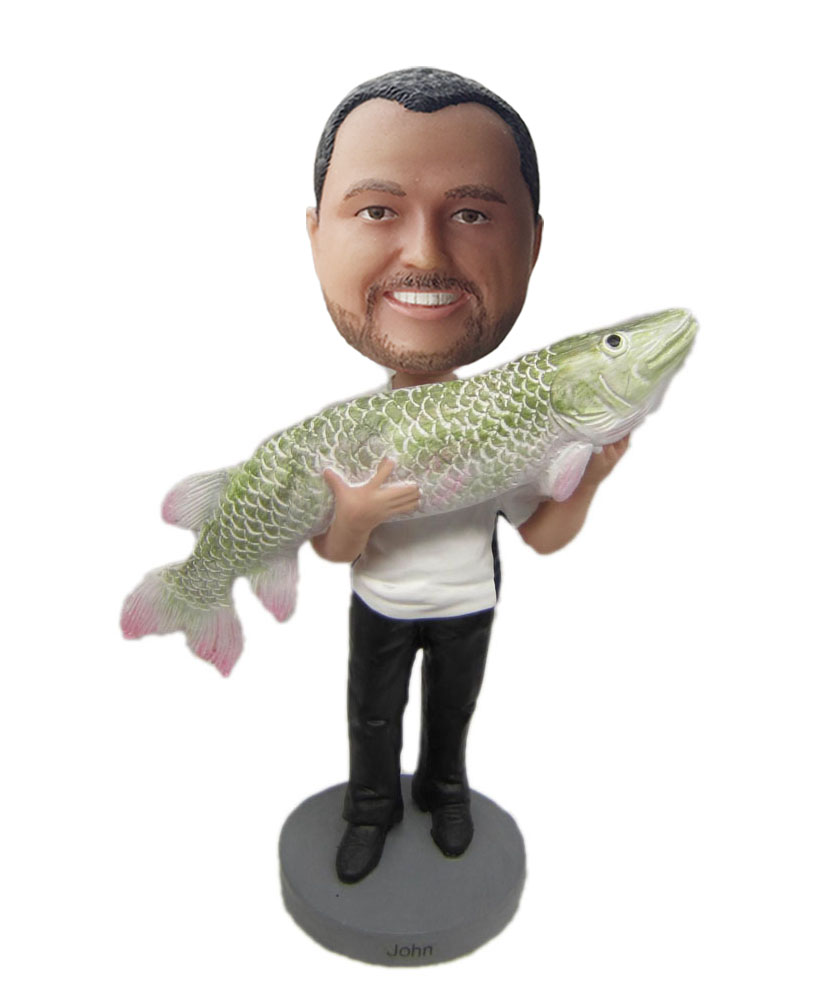 customizable bobble heads holding a big fish on hands