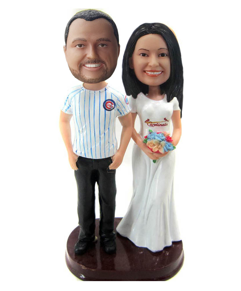 Custom Funny Baseball Fan Couple Wedding Cake Topper Bobbleheads