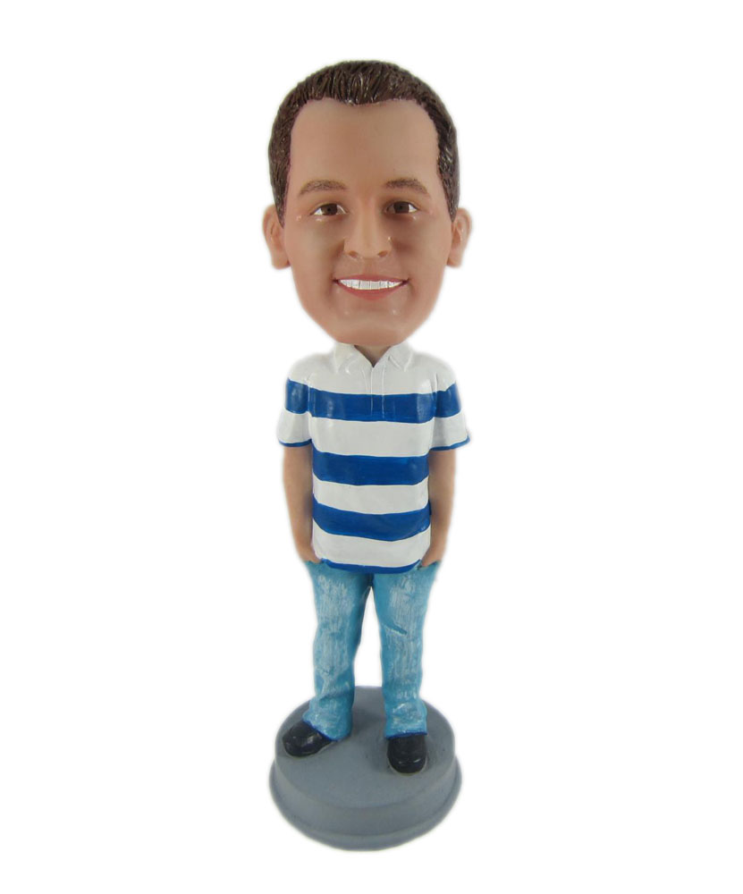 Custom made bobble head with stripe T-shirt and blue jeans