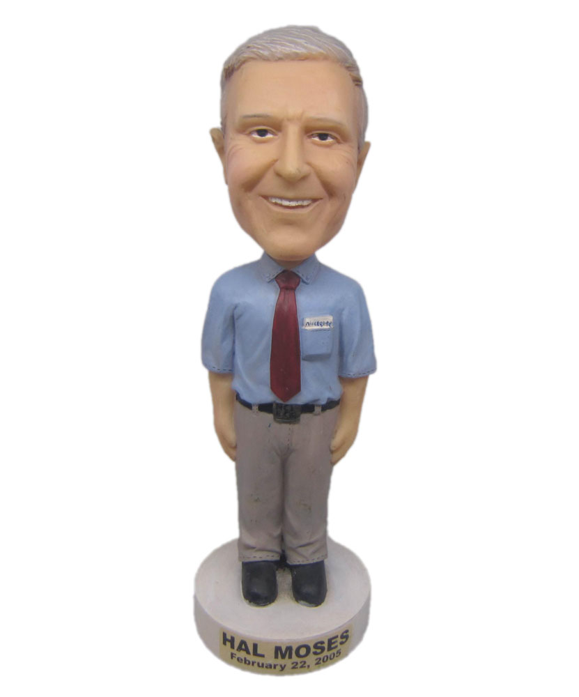 Dad bobblehead with blue shirt and blown trousers