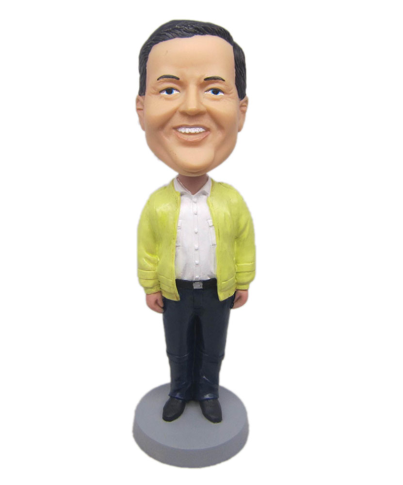custom bobble head dolls with yellow coat and black trousers