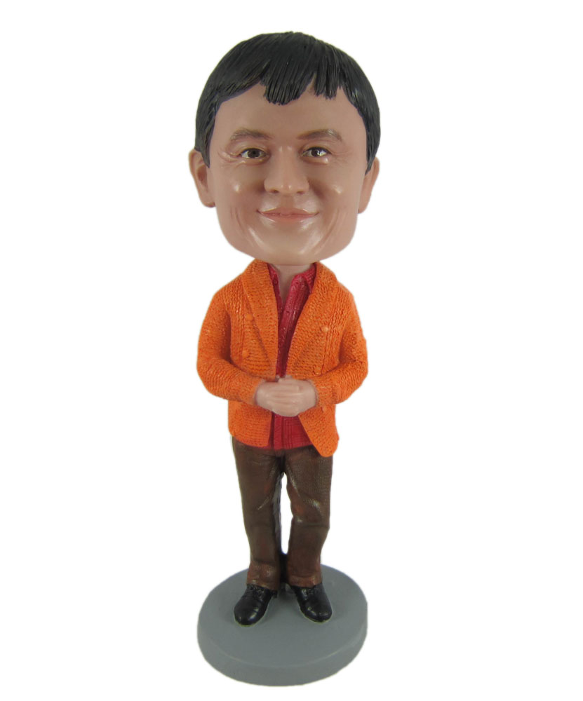 customized bobble heads with orange shirt and blown trousers