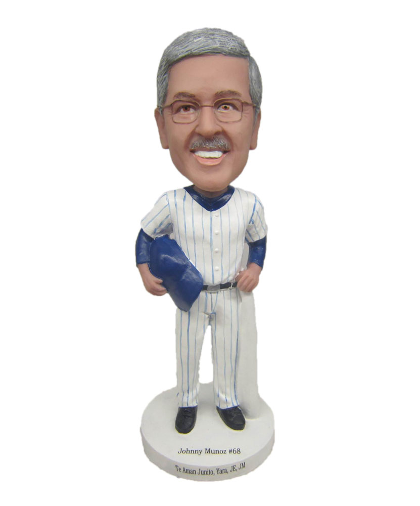 Work bobblehead with a blue safety hat on hand