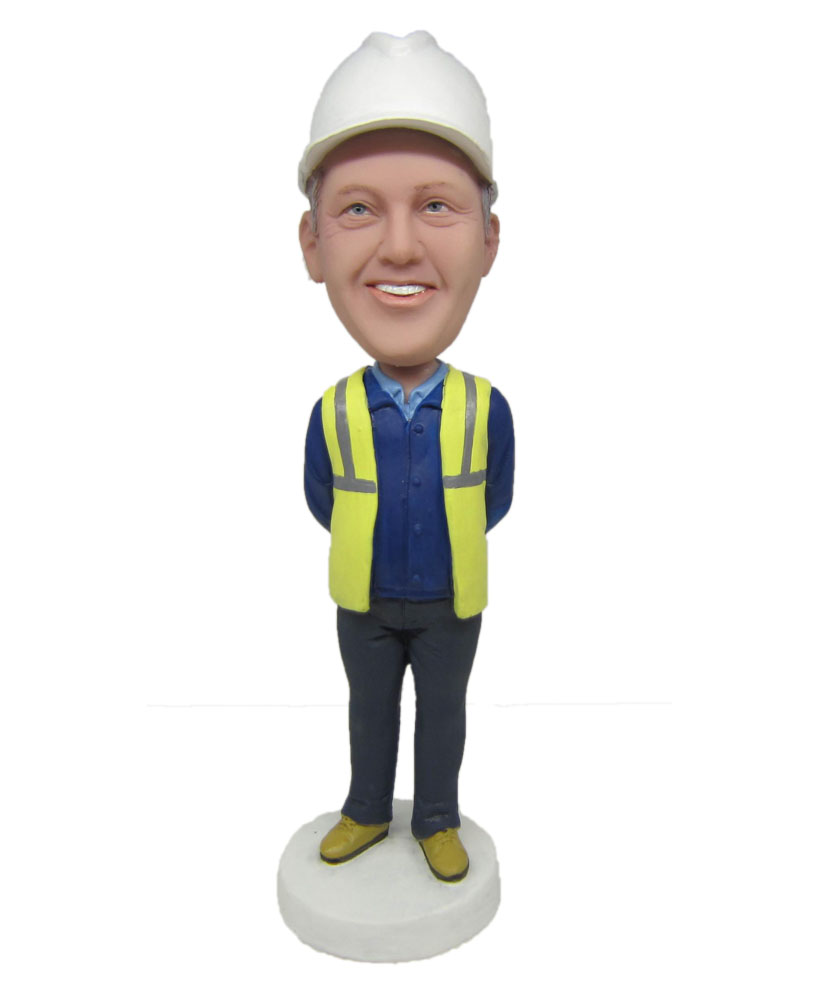 Construction worker bobblehead with white hat