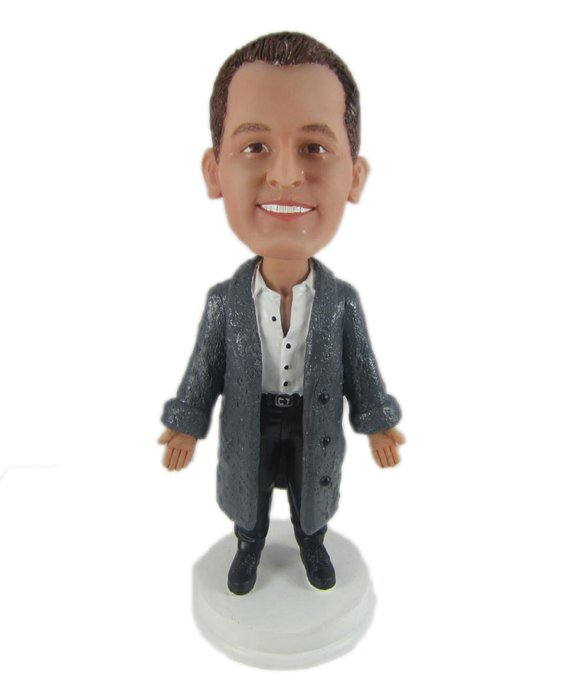 Casual male cool bobbleheads with grey coat