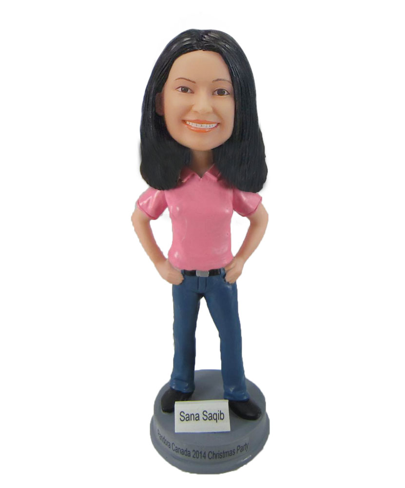 Custom Pink  Shirt Girl personalized bobbleheads Female Pink Shirt Girl Doll F953