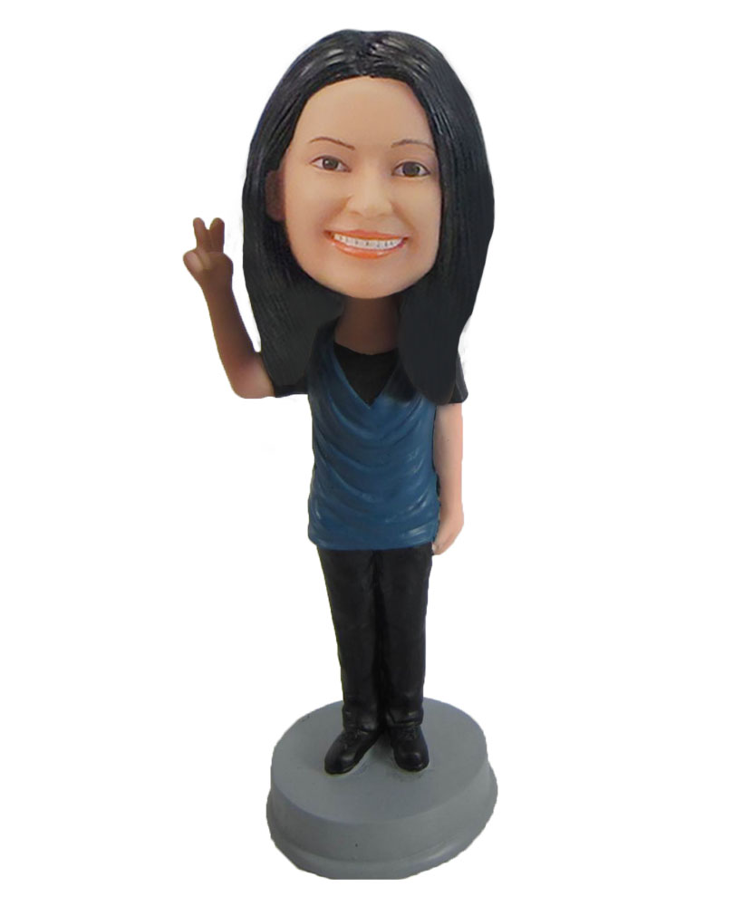 Custom Blue shirt Girl  Bobble Head Female Blue shirt Girl Doll F923