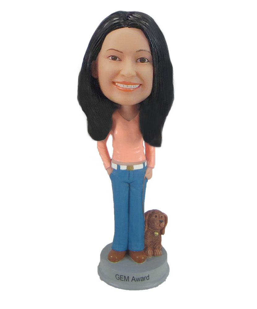 Custom Girl With Puppy Bobble Head Female Girl Walking The Dog Doll F916