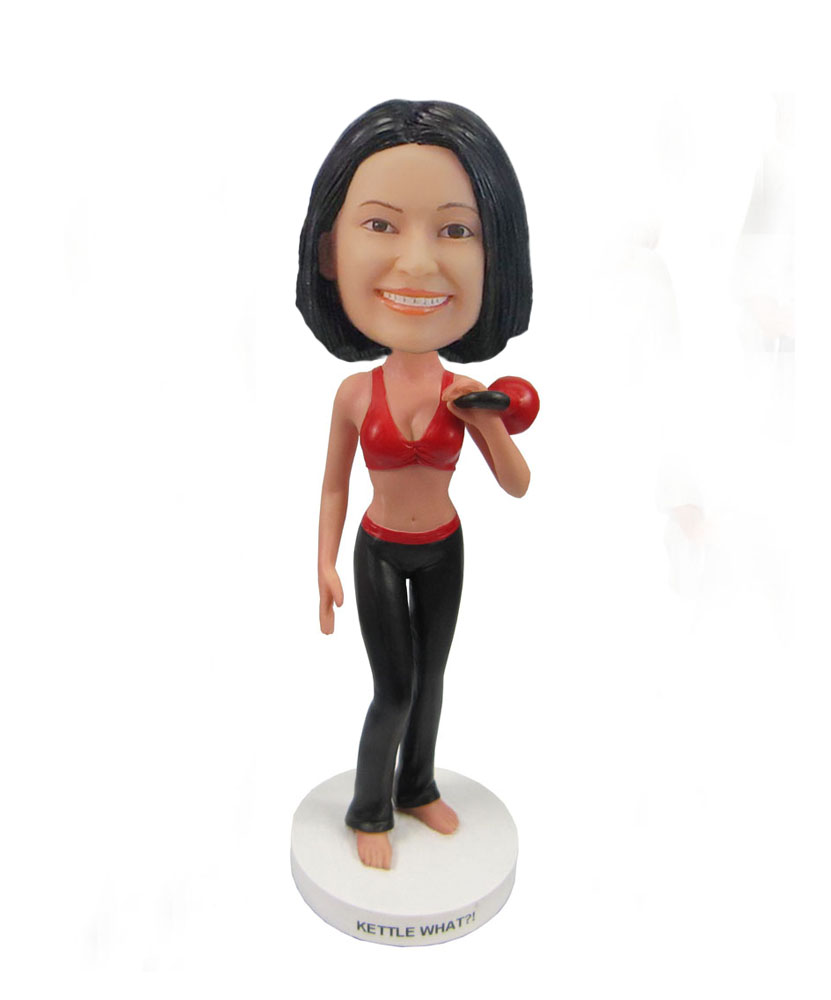 female holding kettlebell personalized bobbleheads