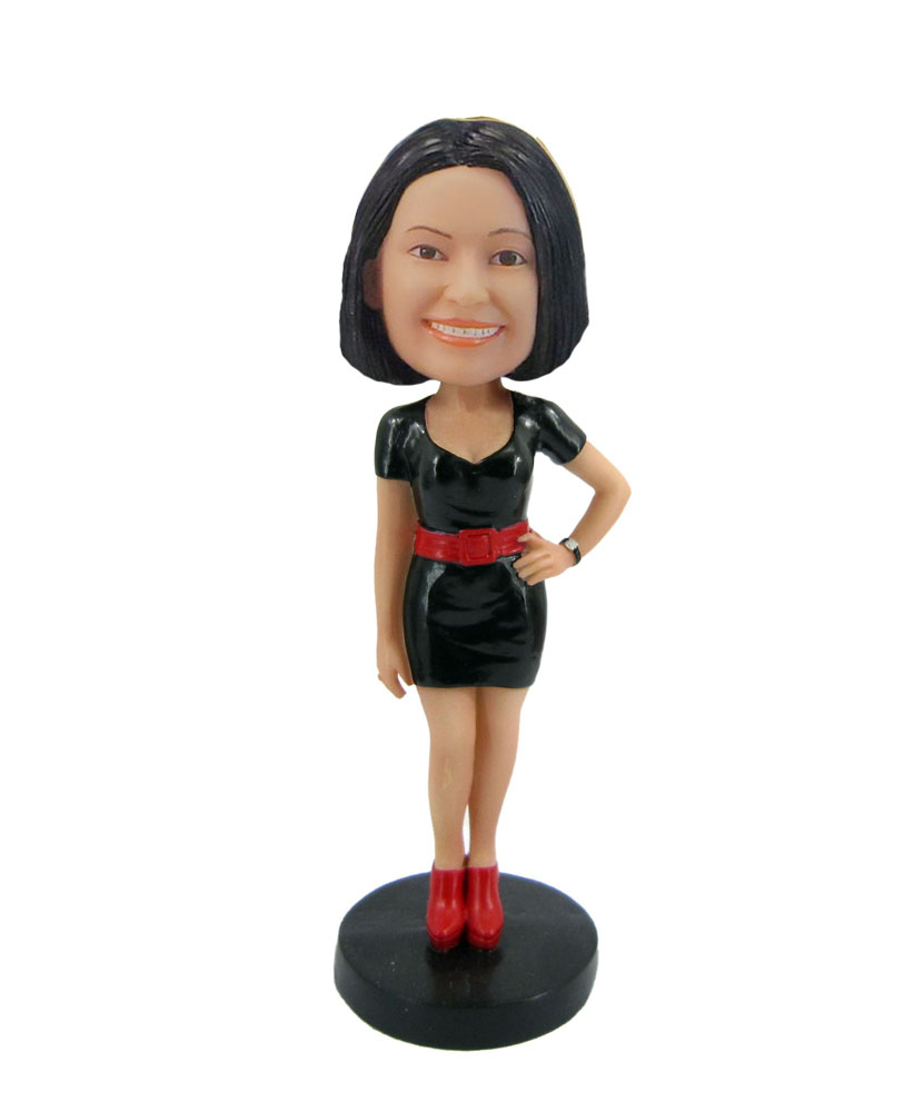 Personalized woman in black dress bobblehead F56