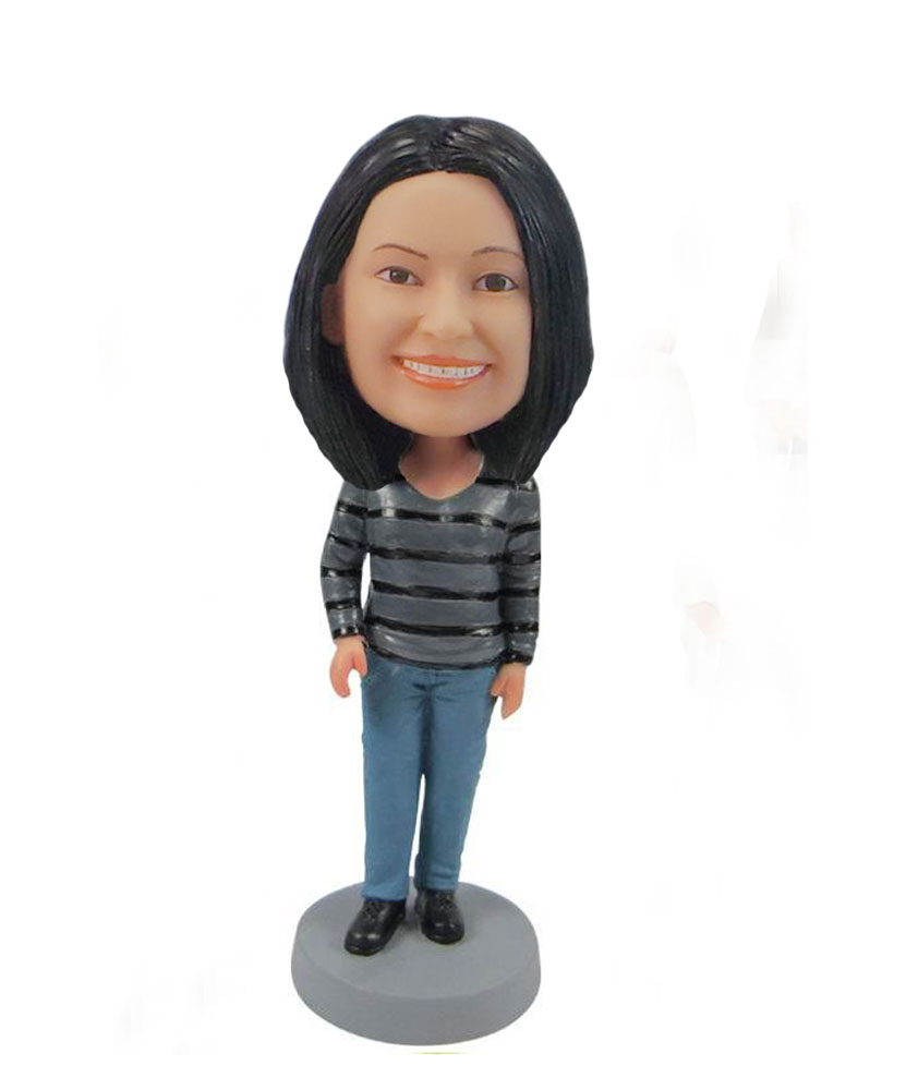 Girl wearing striped sweater customized bobblehead F82