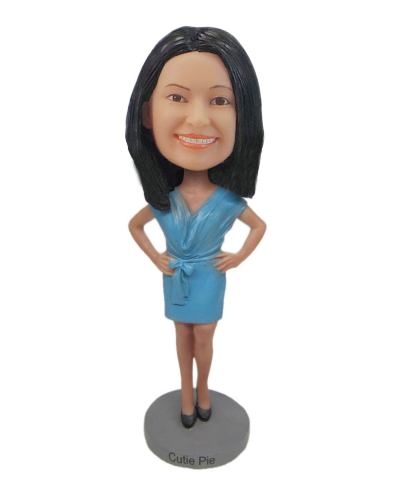 Summer fashion blue dress woman bobblehead doll F91