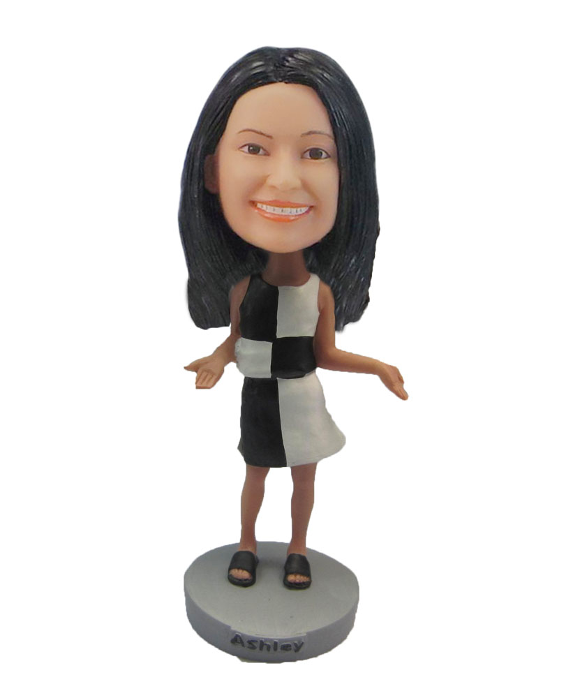 Best custom bobbleheads birthday gifts Girl in black and white dress F96