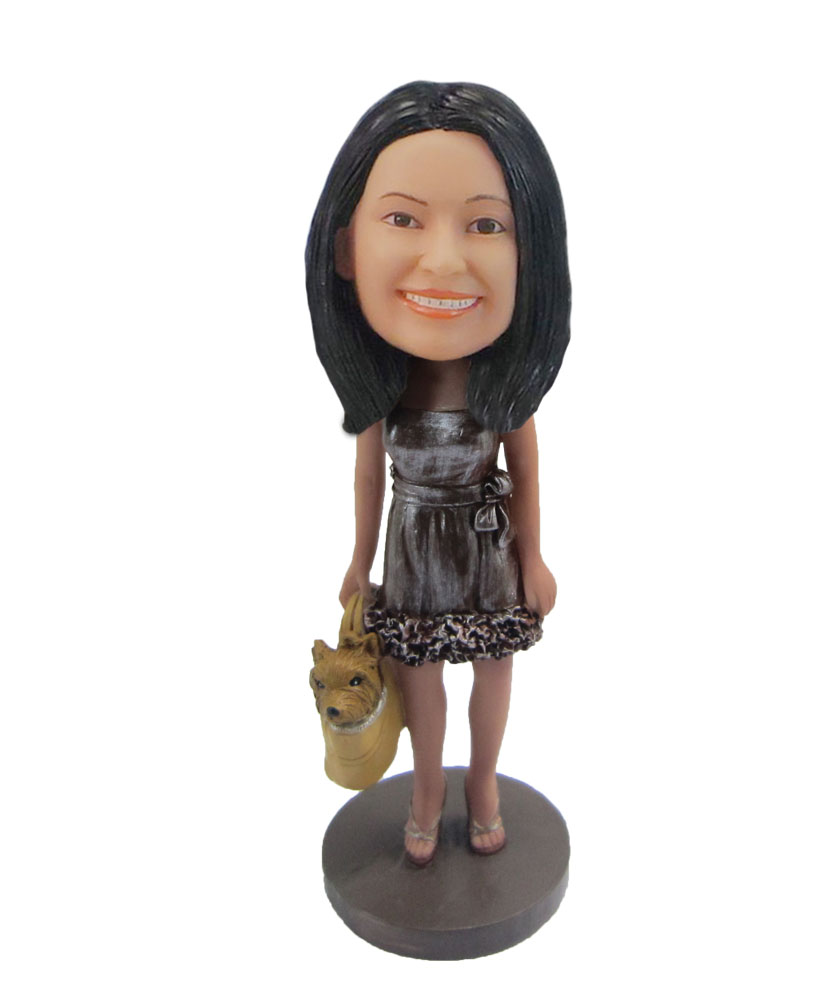 Female with cute dog in bag bobblehead F108