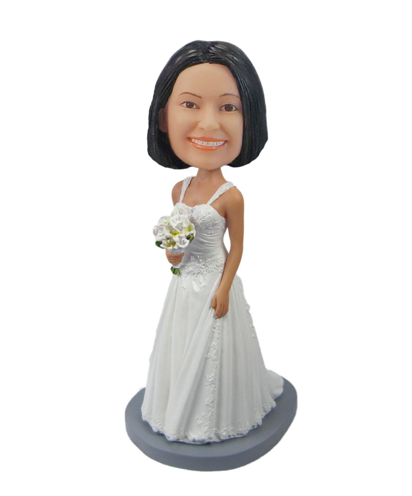 Woman in white dress bride Holding flowers customized bobblehead F109