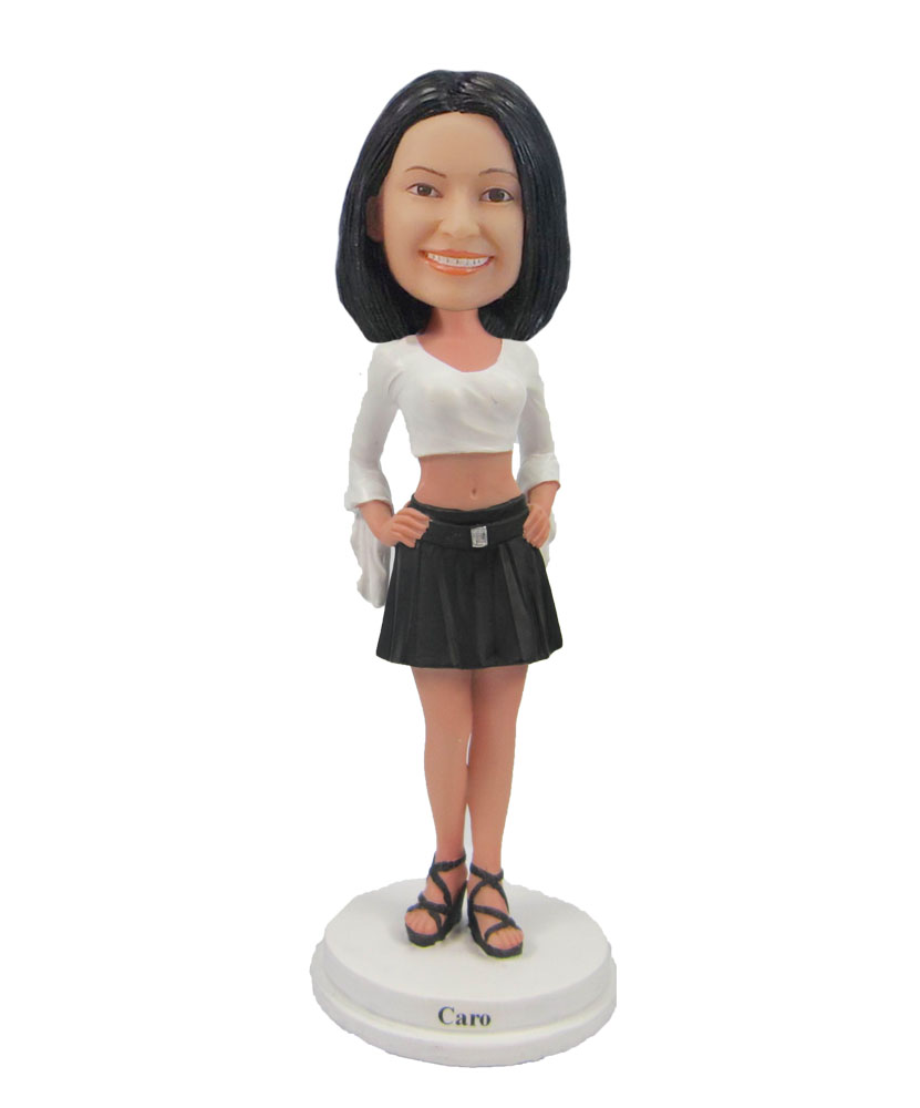 Personalized female wearing white midriff Black pleated skirt bobbleheads F119