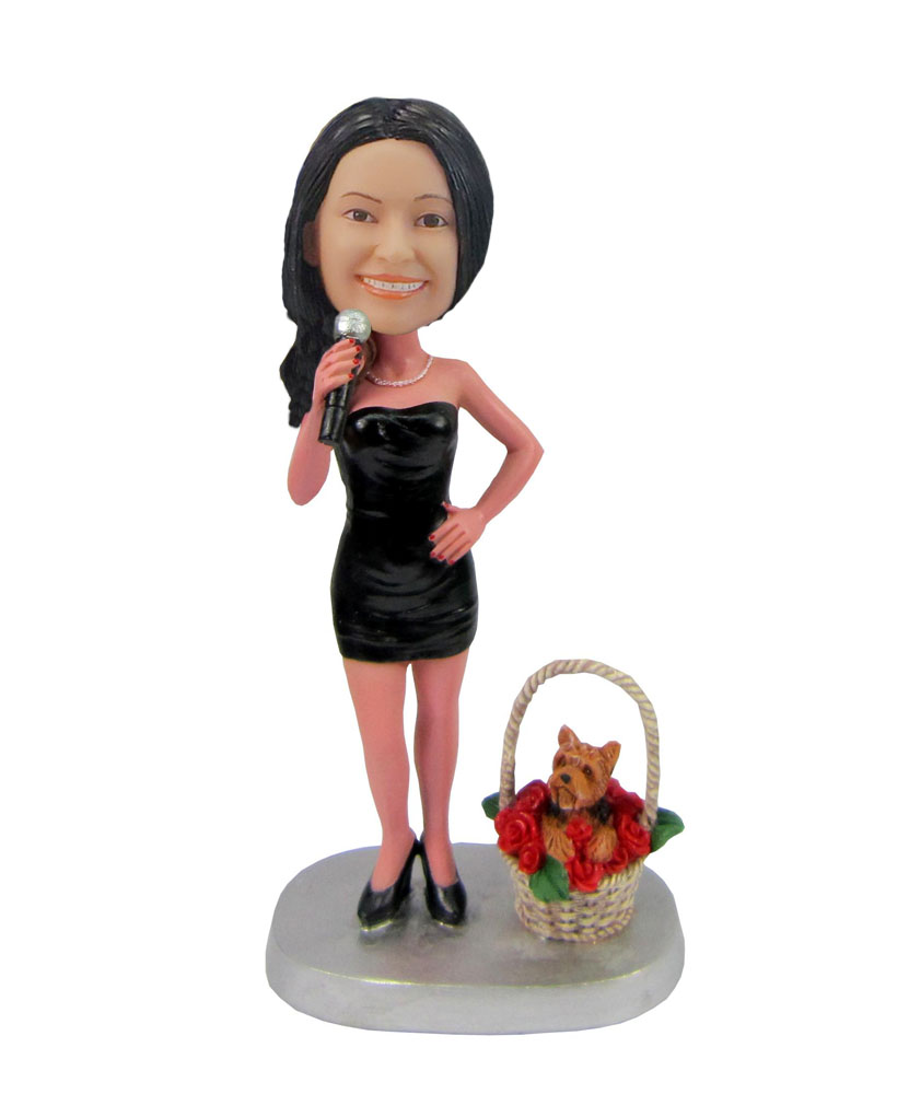 Female singer with dog flower basket bobblehead F42