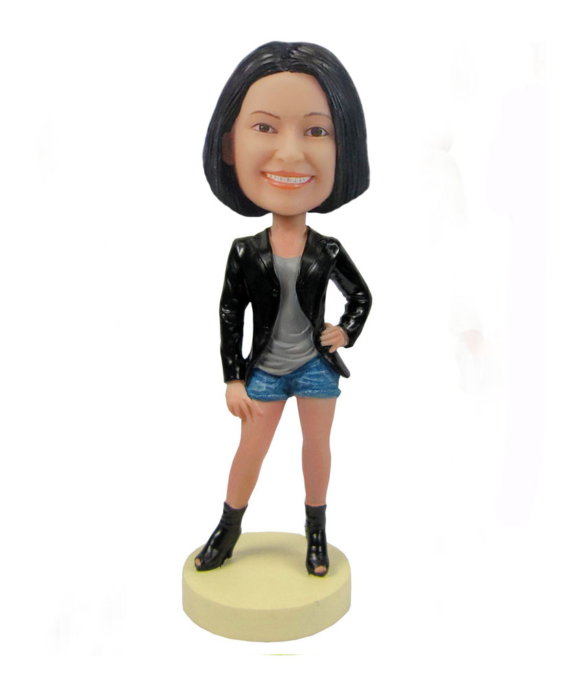 Female in short bottom black jacket bobblehead F84