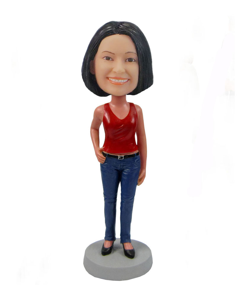 Personalized custom casual female in red vest bobblehead F85