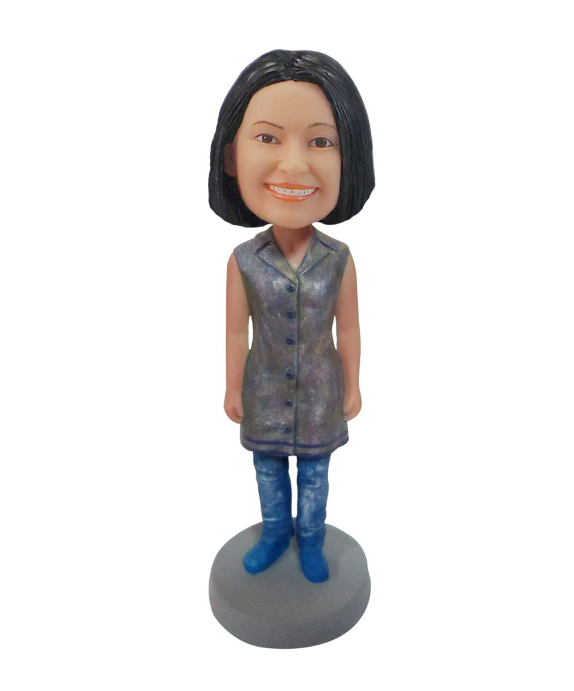 Custom female mother in Silver sleeveless jacket bobblehead F114